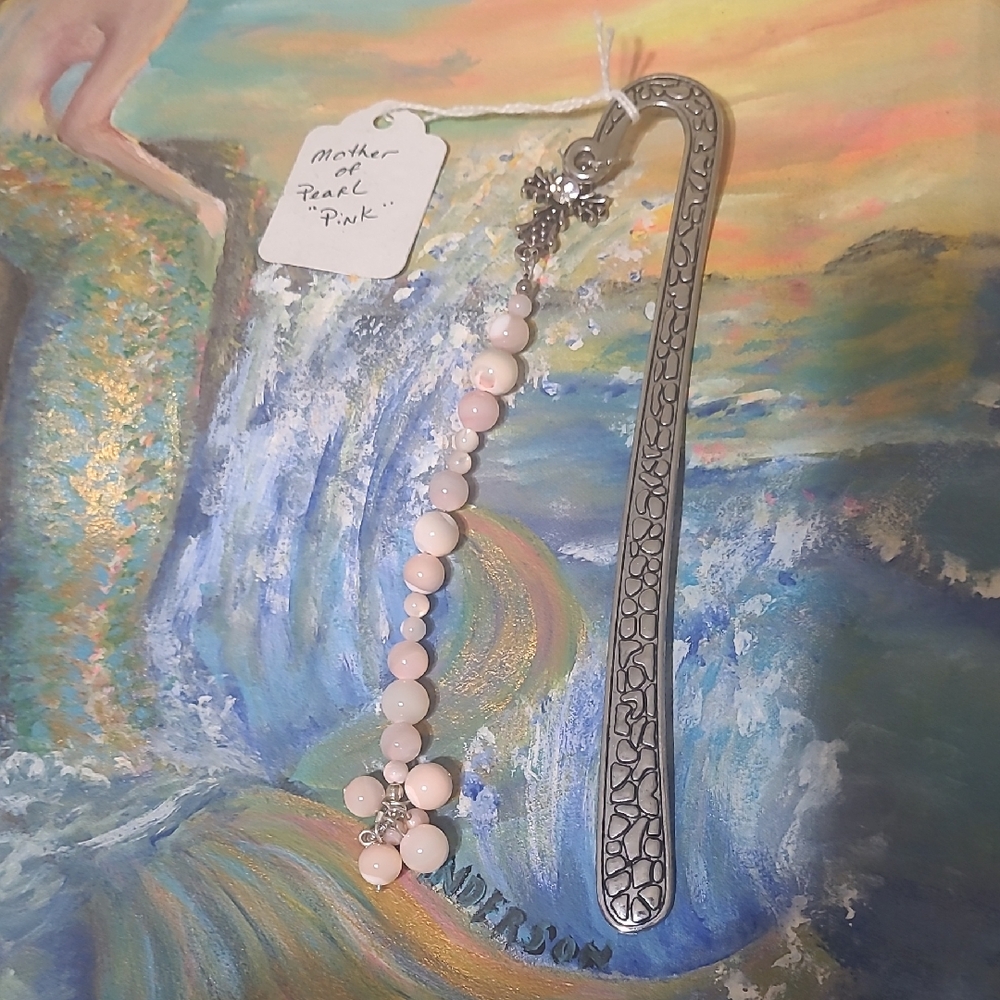 Elegant Pink Mother Of Pearl Beaded Bookmark With Cross